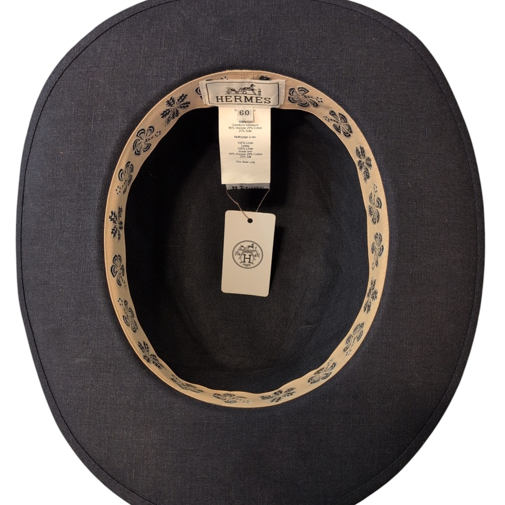 New With Tags Hermes Mens Women's Gray Black Fedora Hat Linen Derby 60 - Picture 6 of 12